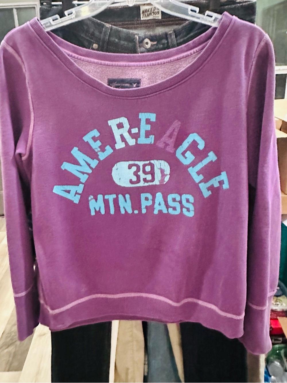 American Eagle Outfitters purple crewneck graphic sweater with blue logo